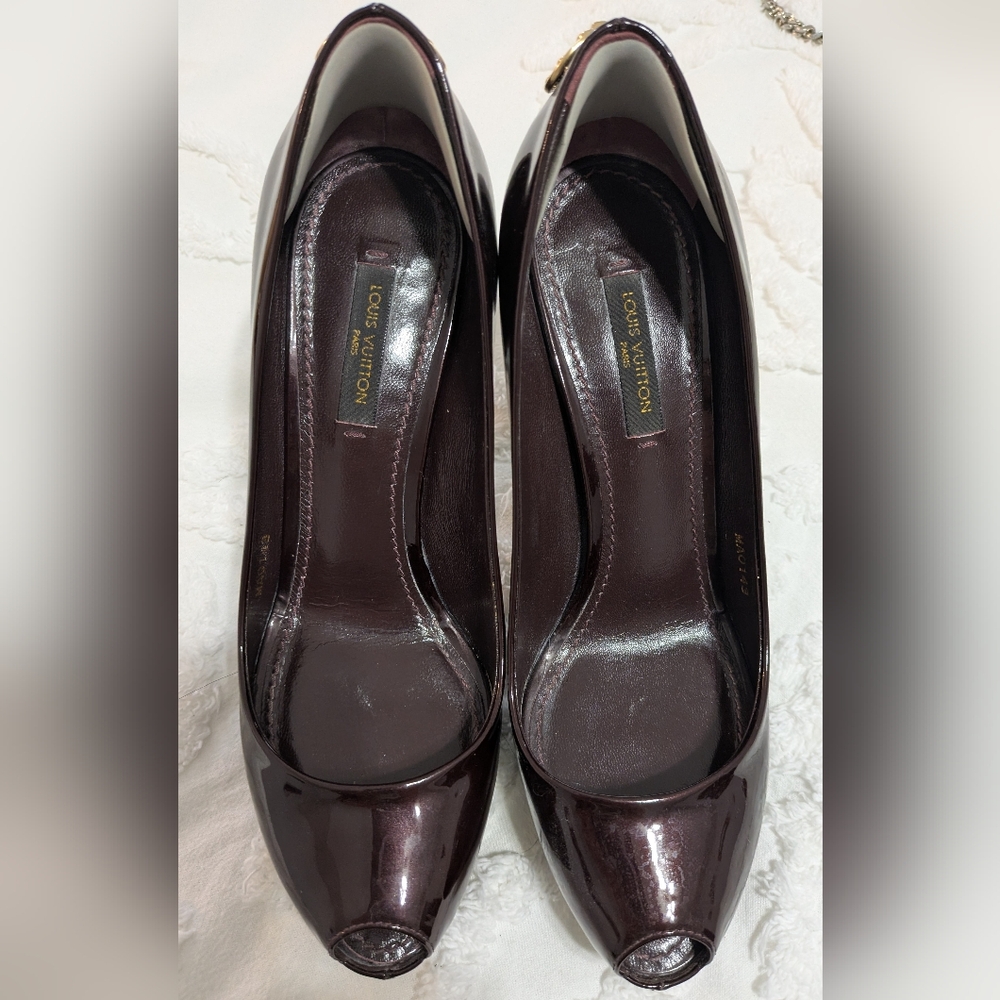 Louis Vuitton Patent Leather Peep-Toe Pumps in Deep Burgundy